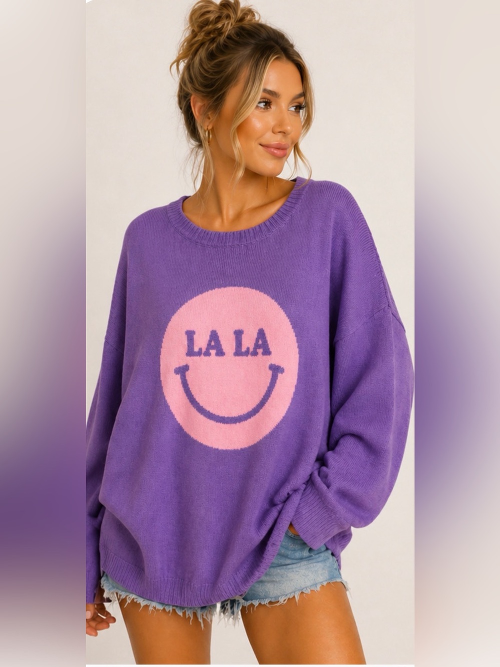 Dressed in Lala Purple “LA LA” Smiley Sweater | Oversized Cozy Knit | Rare